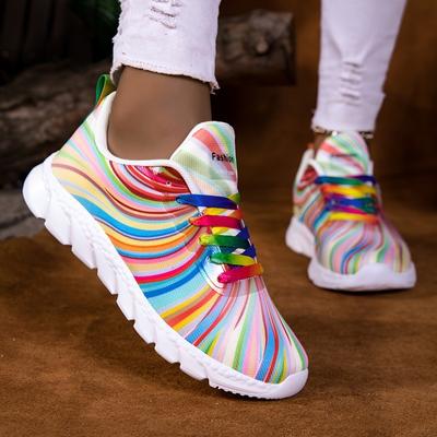 Damen Casual Sneaker - Low-Top Atmungsaktive Stoff Schnürschuhe mit Regenbogenstreifen-Akzenten
