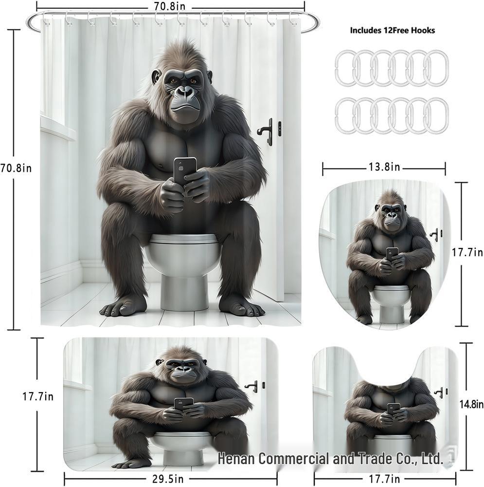 Gorilla Pattern Bathroom Set: Shower Curtain, Non-slip Bath Mat, Toilet Lid Mat, 12 Hooks.