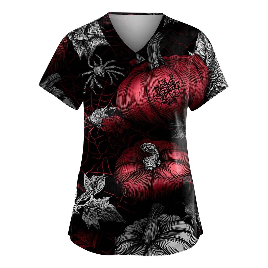 Damenmode V-Ausschnitt Kurzarm Overalls mit Taschen Halloween Bedruckte Oberteile Bekleidung