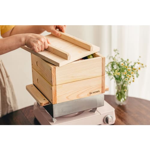 Dr.HOWS Cypress Steamer, 2-Tier Full Set, Made of Natural Cypress, Korean Steamer, Oden Pot, Hot Pot, 26cm X 26cm Large Capacity, Induction Compatible