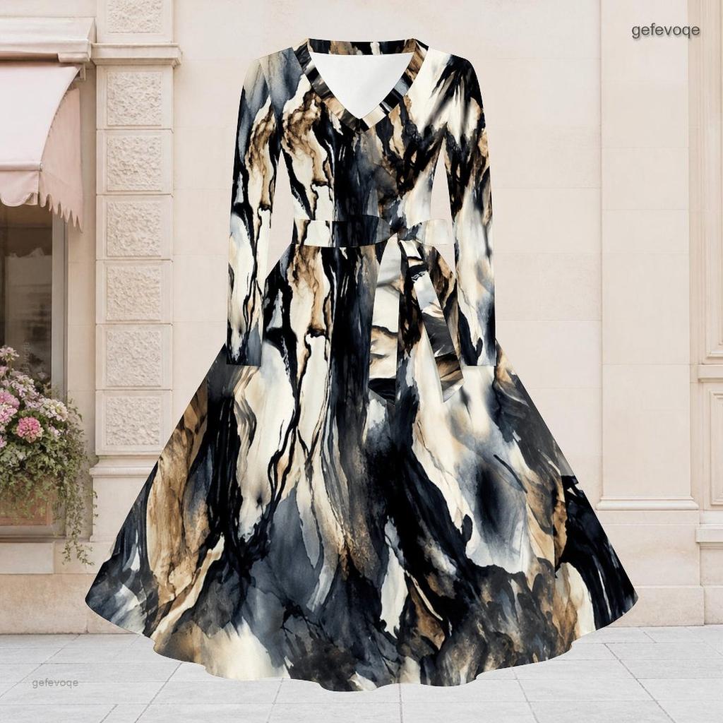 Women Plus Size V Neck Long Sleeve Printed Dress Blue Black White Tie Waist A Line Flared Midi