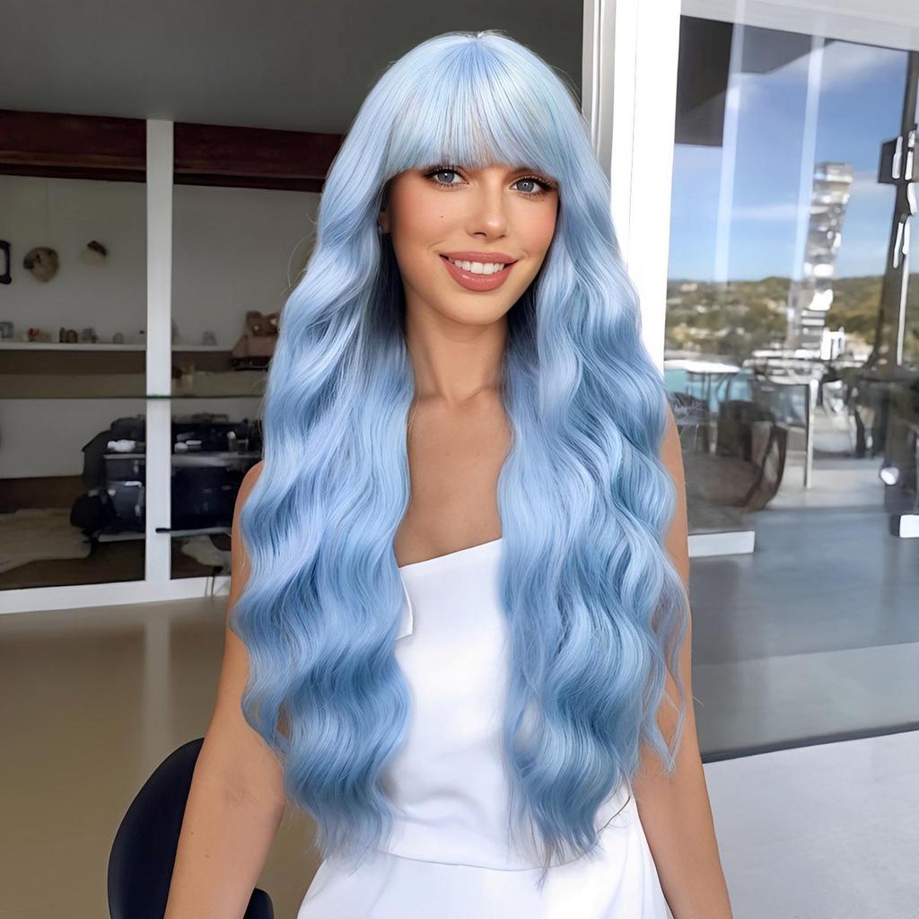 Women's Long Sky Blue Wavy Wig for Daily Lolita Look, Ideal for Round Faces