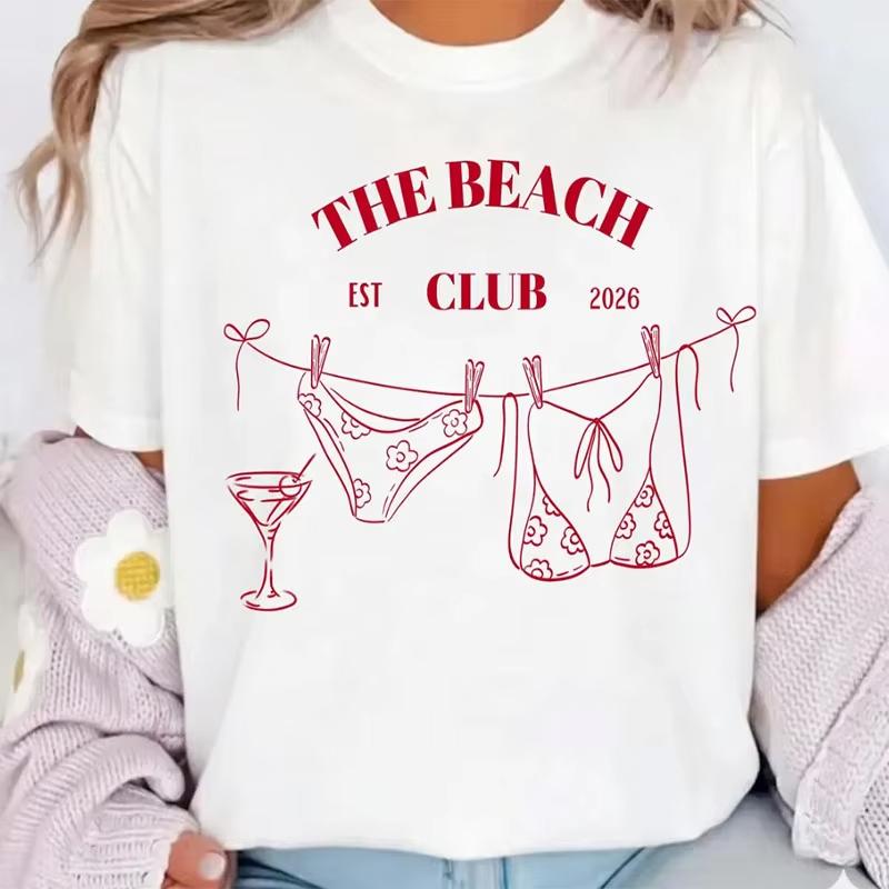 The Beach Club Tshirts Funny Print Summer T-Shirt Vacation Beach Vibes Trendy Tee Shirt Women Clothes Tops S