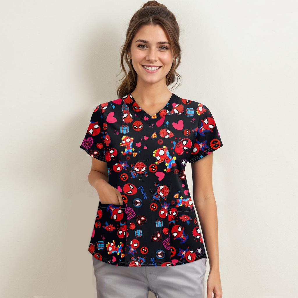 Women's Fashion V-neck Short Sleeve Workwear With Pockets Printed Tops