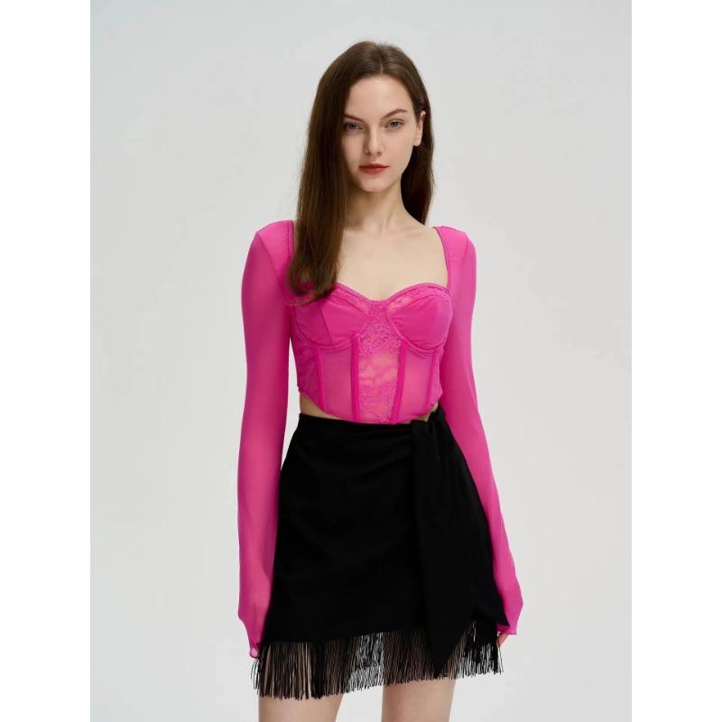 Women S Lace Mesh Panel Long Sleeve Square Neck Slim Fit Crop Top Vest