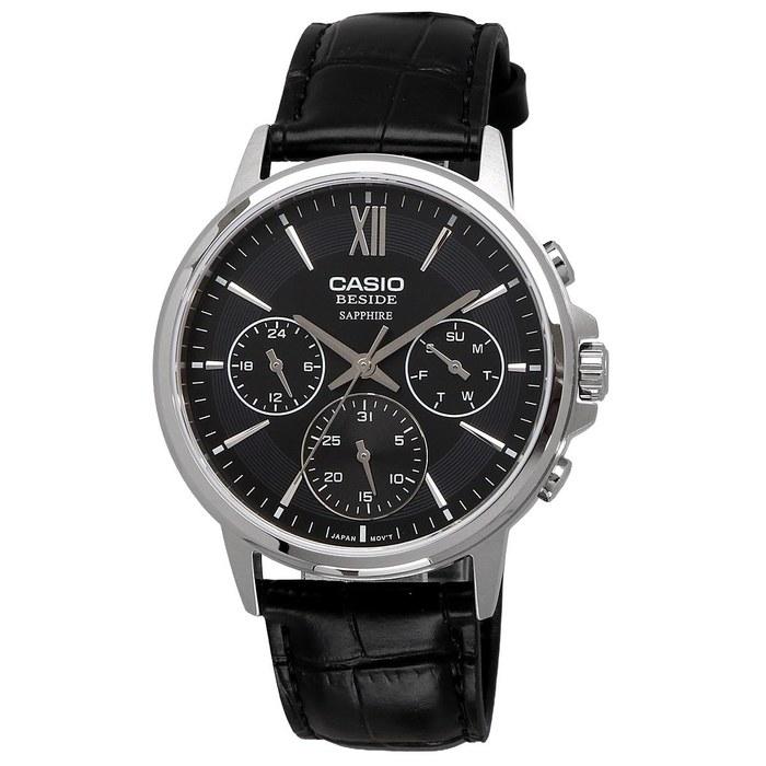 Casio BESIDE Quartz Men's Watch Sapphire Glass BMS-300L-1AV Black Leather Band Multi-Hand 24-Hour Display Black