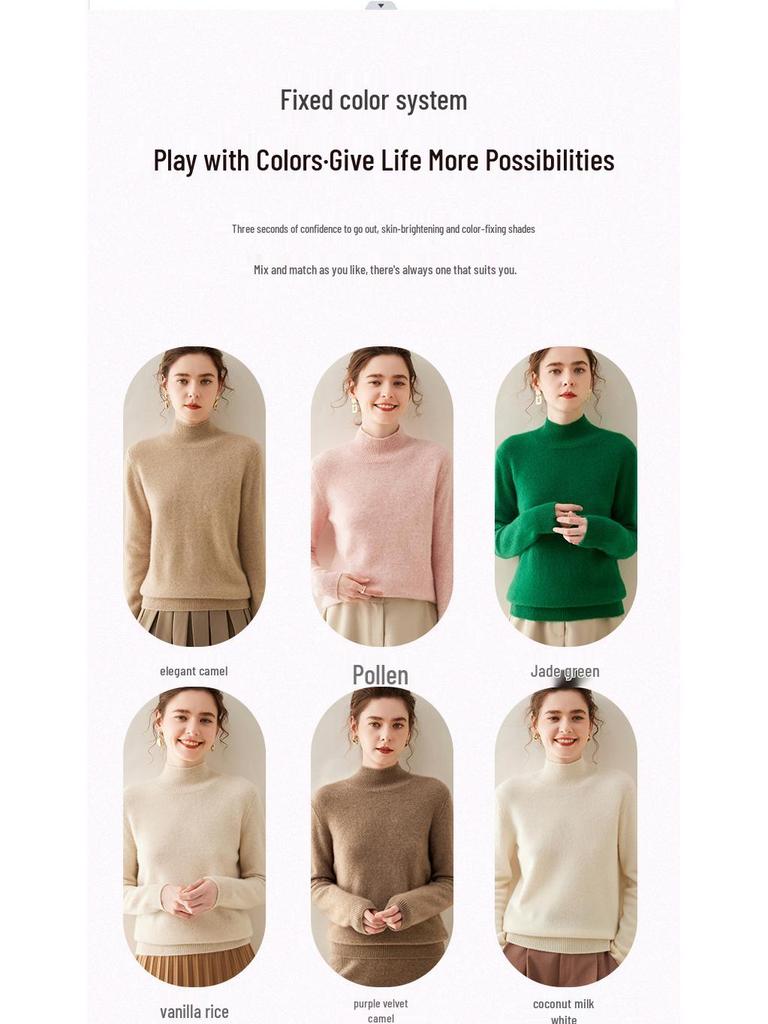 Women's Cashmere Half High Neck Slimming Solid Color Sweater for Autumn/Winter