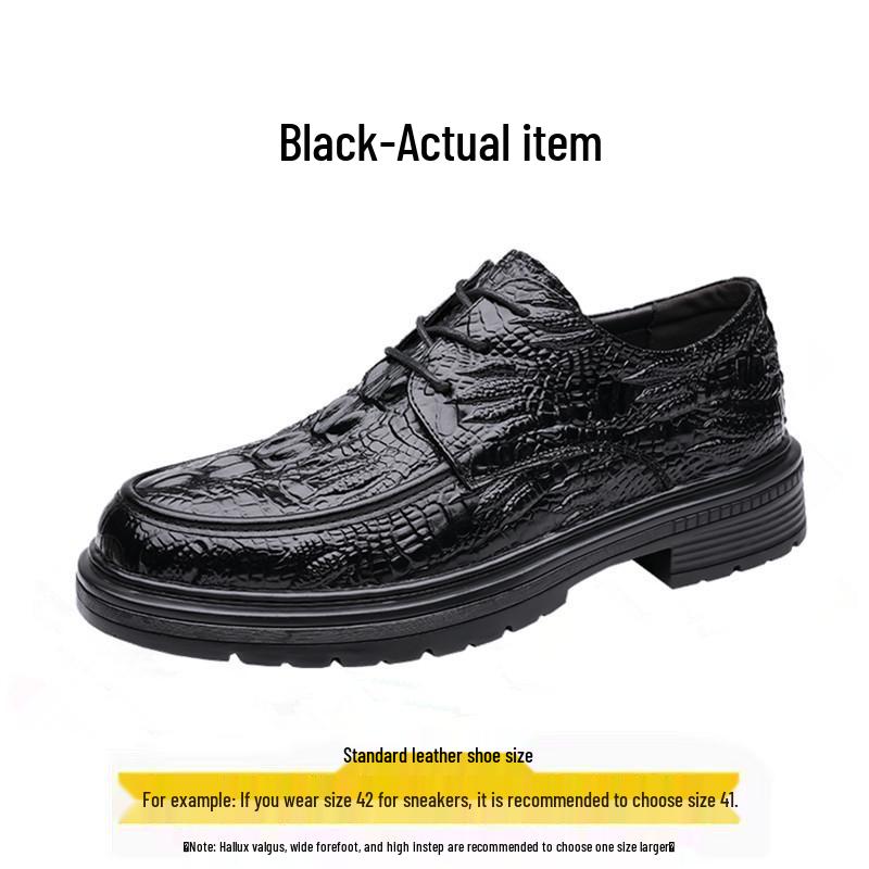 Men's Formal Casual Leather Shoes - Embossed Crocodile Pattern, Genuine Cowhide, Low-Top for Spring Workplace.