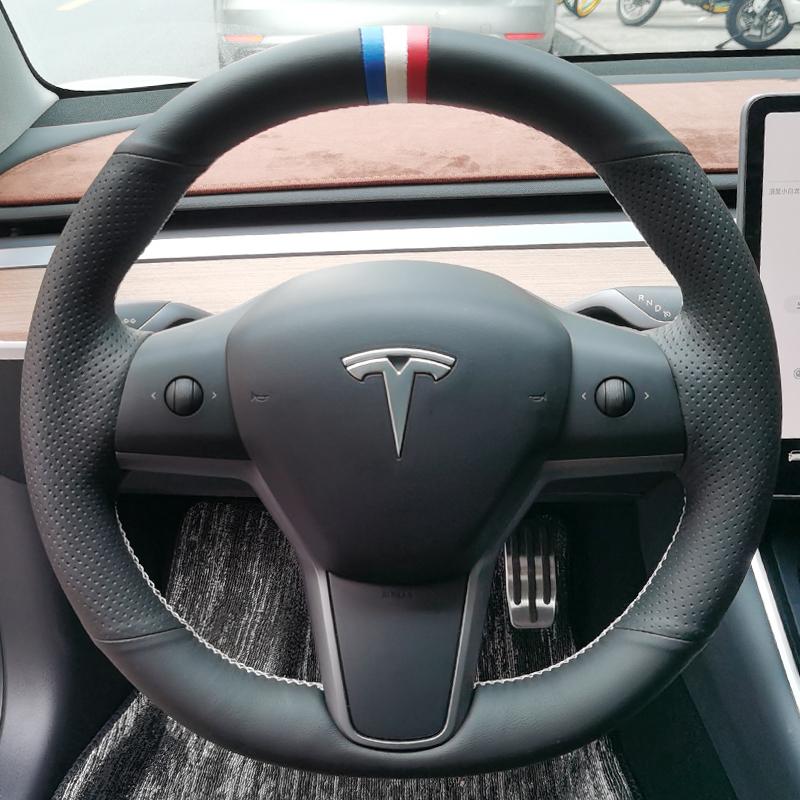 For Tesla modelS Model X Model 3 DIY Custom Leather Suede Steering Wheel Cover Car Wheel Cover Interior