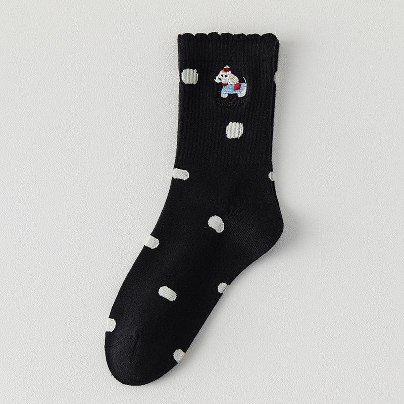 Lace Socks for Women, Mid-calf Socks for Autumn and Winter, Polka Dot Cartoon Puppy Sports Cotton Socks, Boneless Women's Socks