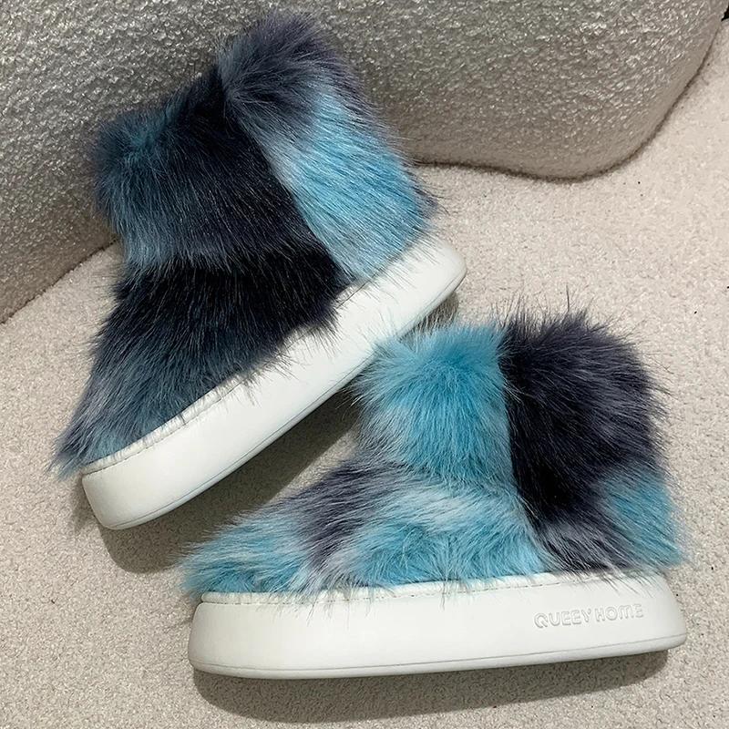 Fashion Tie Dye Fluffy Fur Boots Women Winter Plush Warm Snow Boots Woman Street Style Thick Sole Non Slip Cotton Padded Shoes