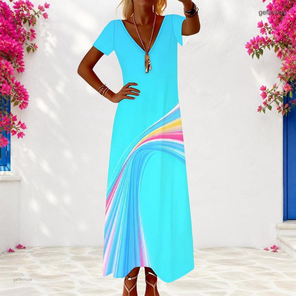 Women Plus Size V Neck Short Sleeve Light Blue Printed Maxi Dress