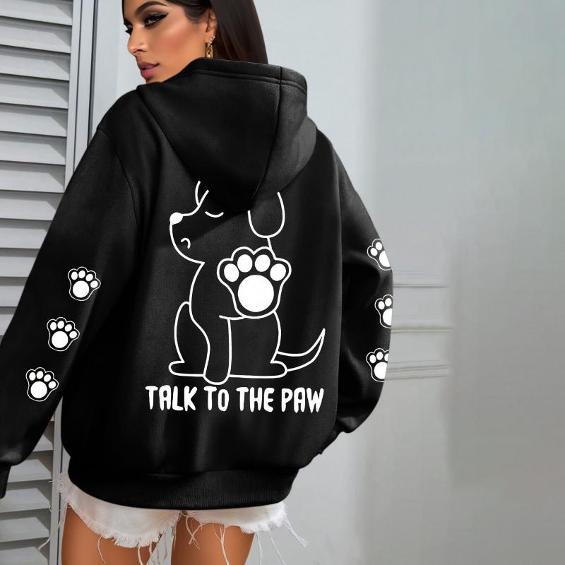 Ladies Spring Autumn Casual Hooded Long Sleeve Big Pocket Cute Puppy Printed Pullover Hoodies Sweatshirt Top