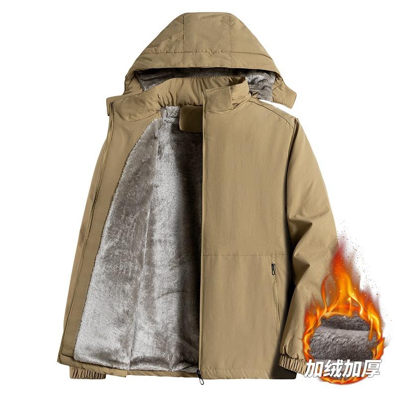 2025 Fleece Thickened Plus Size Jacket Fall and Winter Men's Middle-aged Solid Color Casual Hooded Warm Jacket Shirt Top