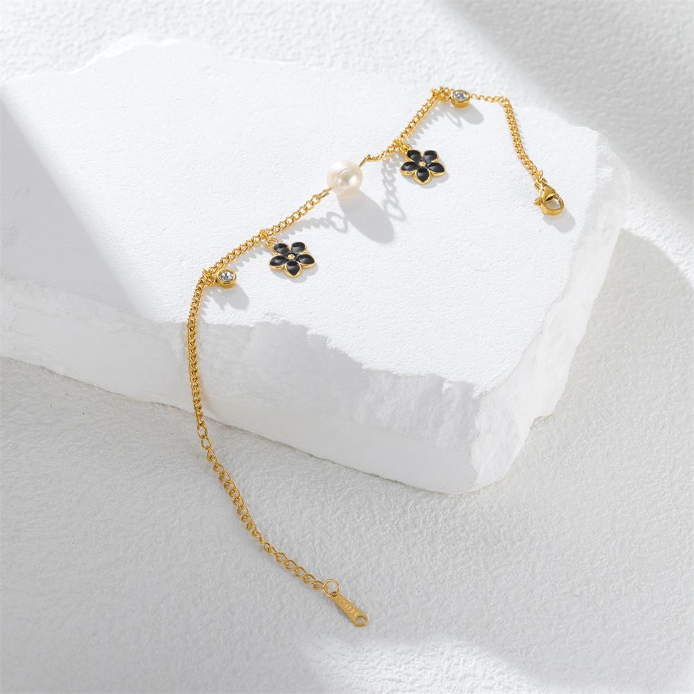 Daisy Flower Enamel Charms Bracelets Girls Imitation Pearl frangipani Plumeria Spring Summer Hand Chain Jewelry Stainless Steel