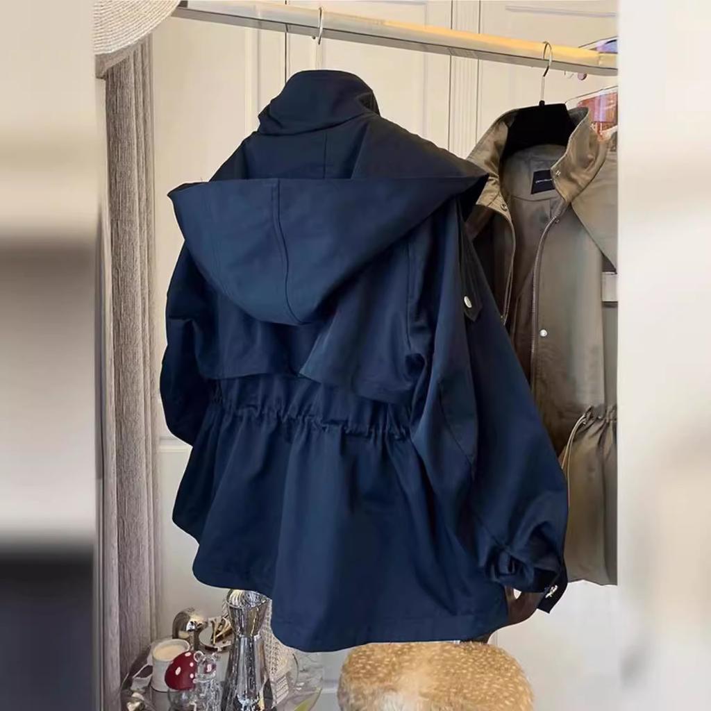 Spring Autumn Oversized Casual Waterproof Khaki Windbreaker Women Long Sleeve Hood Drawstring Zipper Jacket