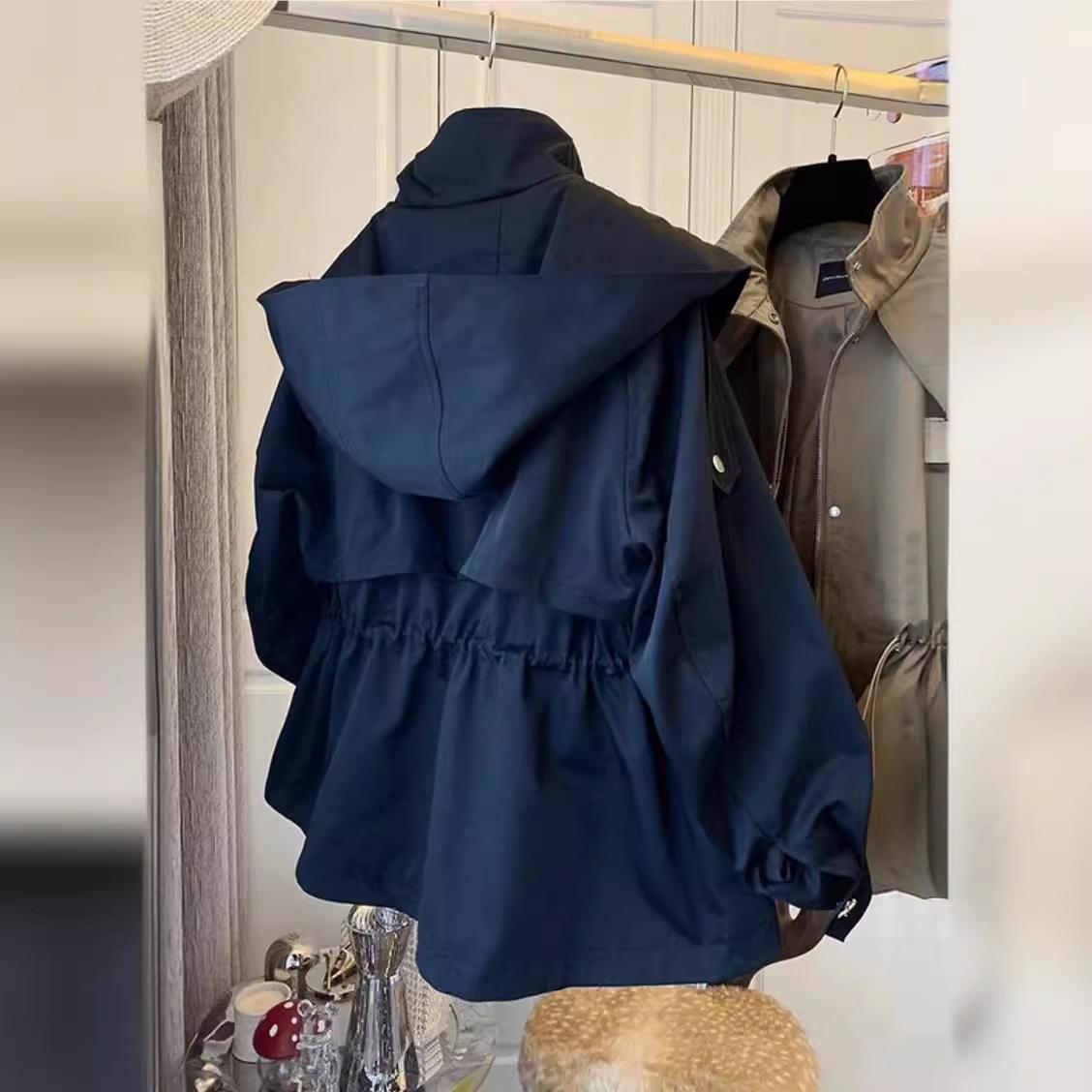 

Весна Осень Оверсайз Повседневный Водонепроницаемый Хаки Ветровка Женская Куртка с Длинным Рукавом Капюшоном Кулиской Застежкой-молнией M