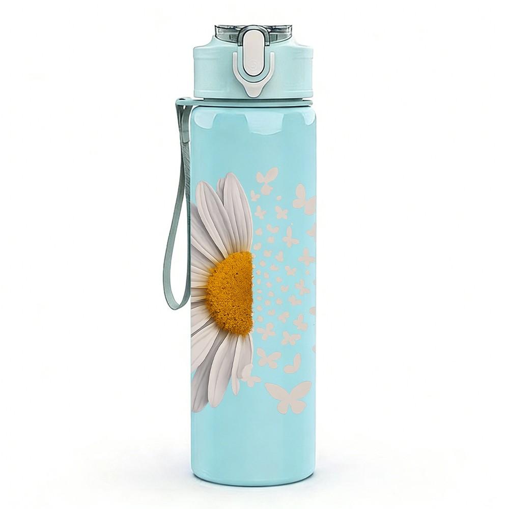 1PC White Daisy Butterfly Print 750ml Color Plastic Sports Water Bottle Leakproof Flip Straw Lid Suitable for Sports Office Home Use