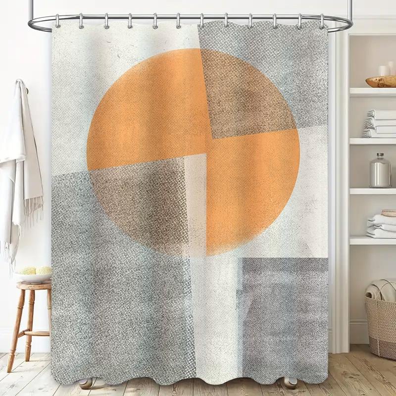 Modern Bathroom Shower Curtain featuring Geometric Design with Neutral ColorsOrange, Grey White Decorative Fabric Shower Curtain