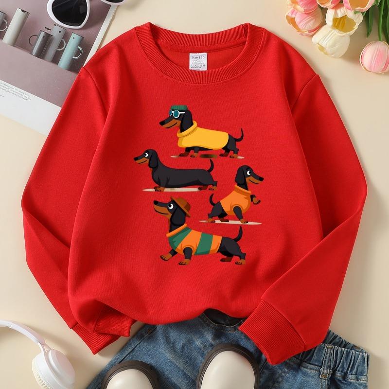 Kinder Rundhals-Sweatshirt, Print mit Dackel-Hunden in Kleidung, Weicher Gemütlicher Pullover für Herbst & Winter