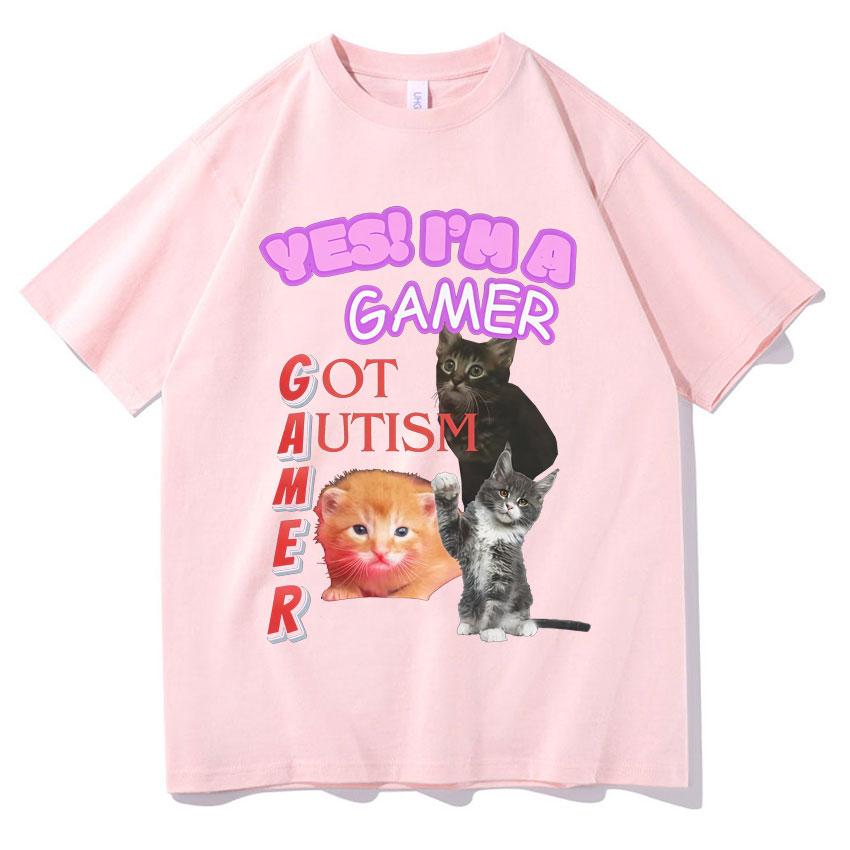 2025Summer Yes Funny Cat T-shirt I Am Autistic Gamer Women's Hip Hop Streetwear T-shirt Graphic 100% Pure Cotton Printed T-shirt