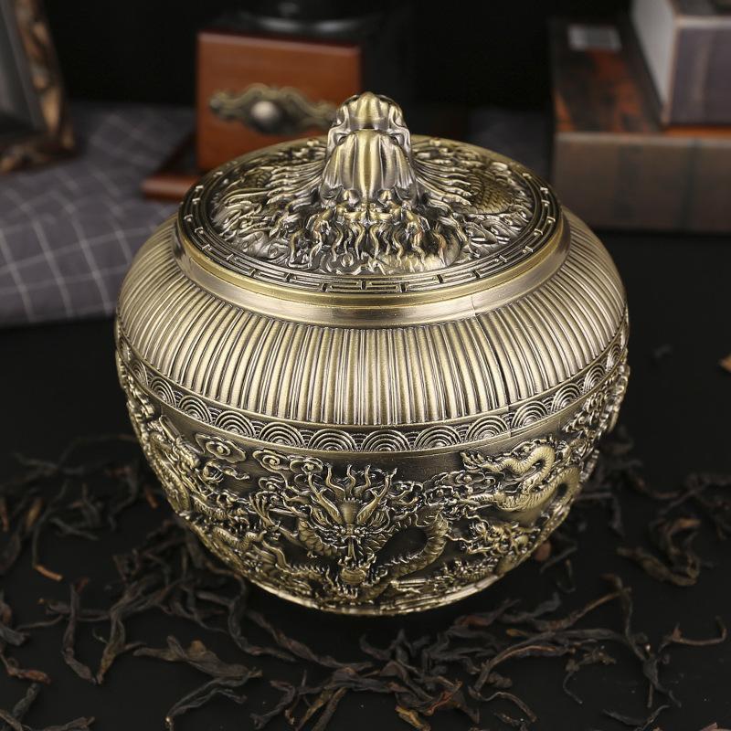 

Imitation bronze Kowloon tea can sealed tank storage tank with lid copper cylinder dragon tank large household storage tank fire escape dragon