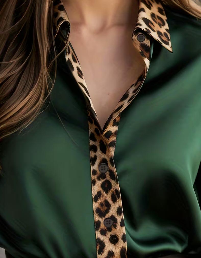 Leopard Print Satin Patchwork Long Sleeve Shirt for Women