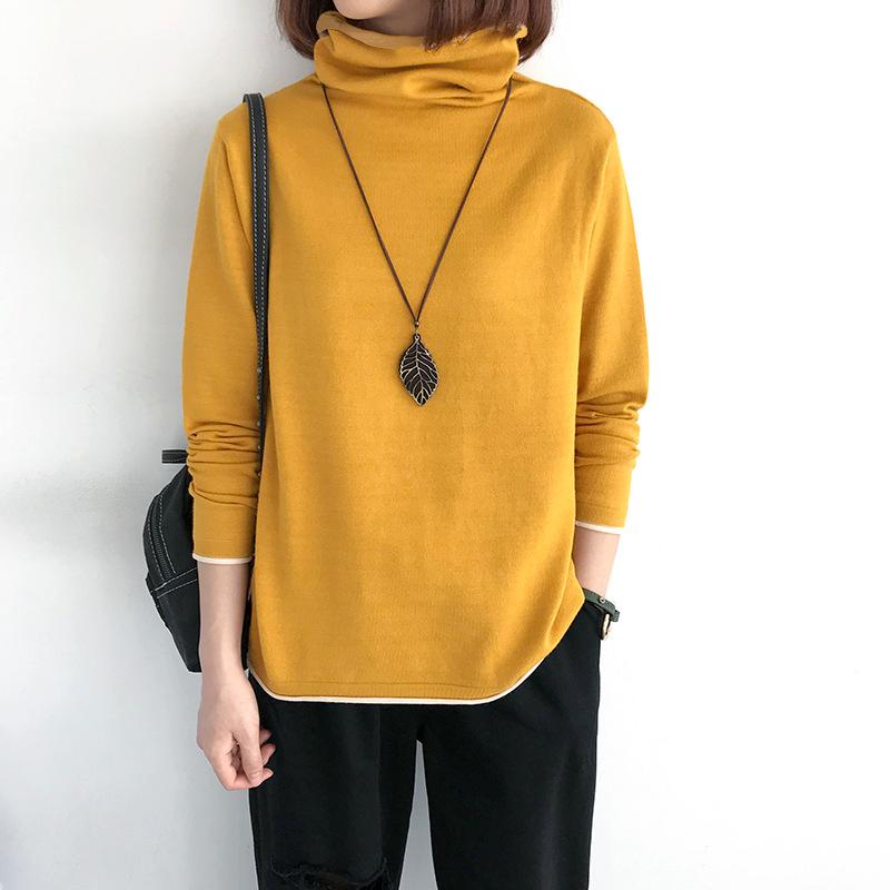 Autumn and Winter turtleneck Bottom Middle Aged Women's Fashion Solid Color Patchwork Long Sleeve Standard Pullover T-shirt Tops