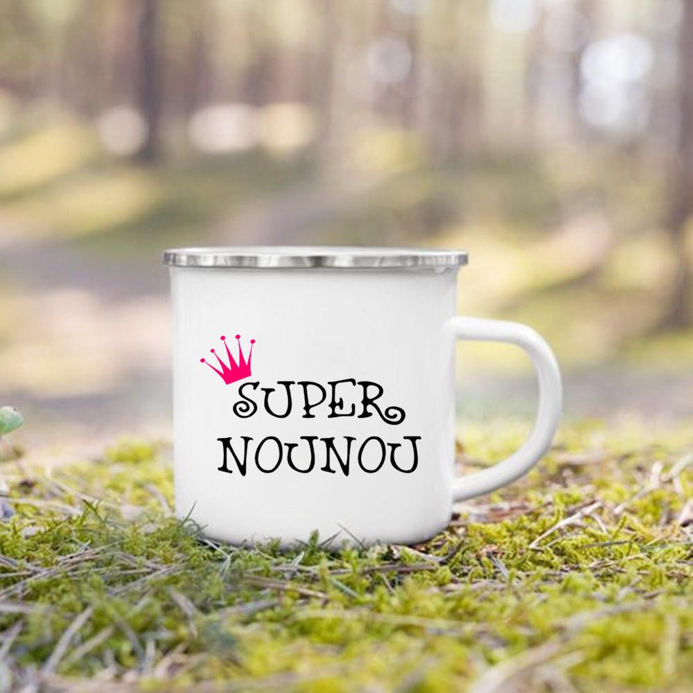 Thank You Nounou French Printed Enamel Mugs Coffee Cups Drink Wine Juice Mug Dessert Cocoa Milk Handle Cup Best Gift for Nounou