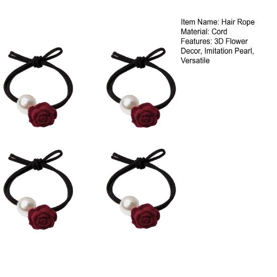 4Pcs Hair Rope Flocking Rose Flower Imitation Pearl Decor Hair Tie Soft No