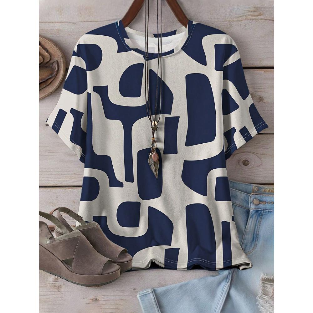 Sommer Damen Freizeitmode Retro Bild 3D Druck T-Shirt Locker Atmungsaktiv Übergröße Lässiges Sportliches Vielseitiges Rundhals Kurzarm T-Shirt