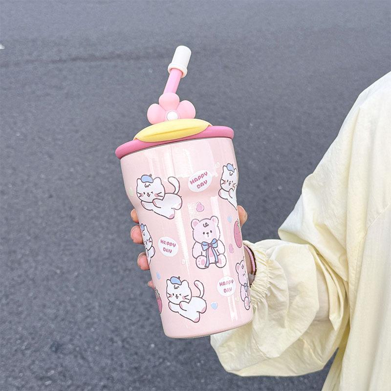 Straw Bingba Cup Cute Thermos Cup Girls High Value Student Cold Water Cup Cute Office Double Drink