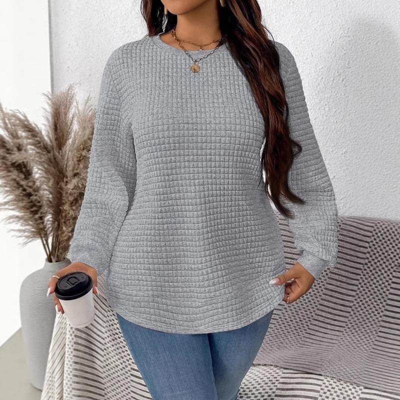 Women Fashion Casual Loose Plaid Solid Long Sleeve Pullover Sweatshirt