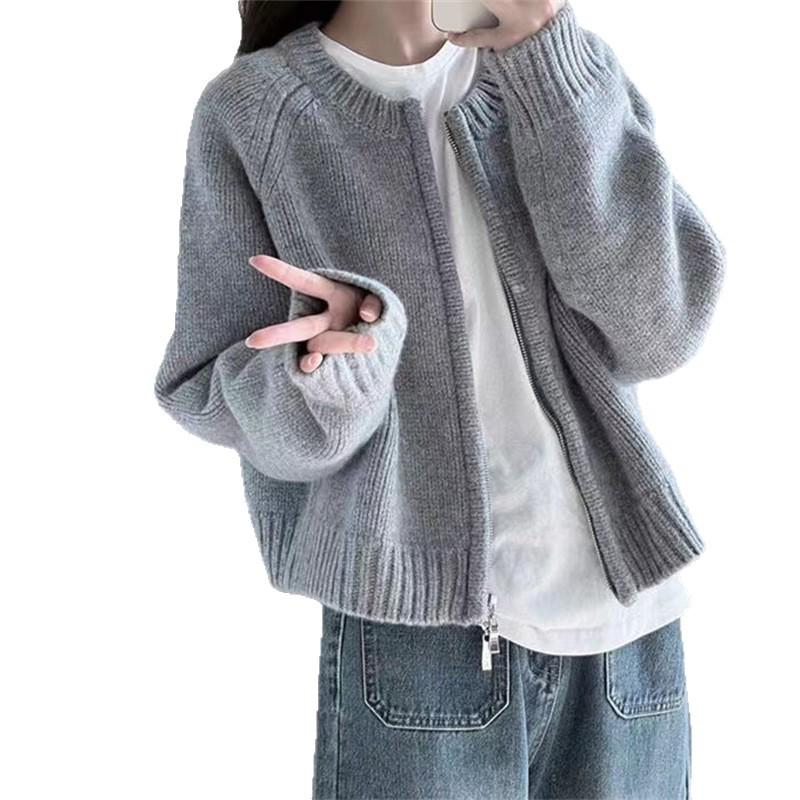 2025 Autumn/Winter Women's Plus Size Gray Zippered Knit Cardigan Coat