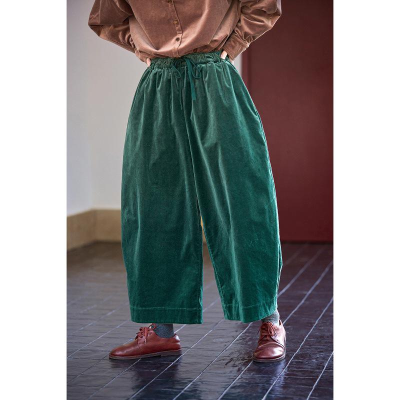 

Winter Retro Green Velour Elastic Waist Warm Carrot Pants M
