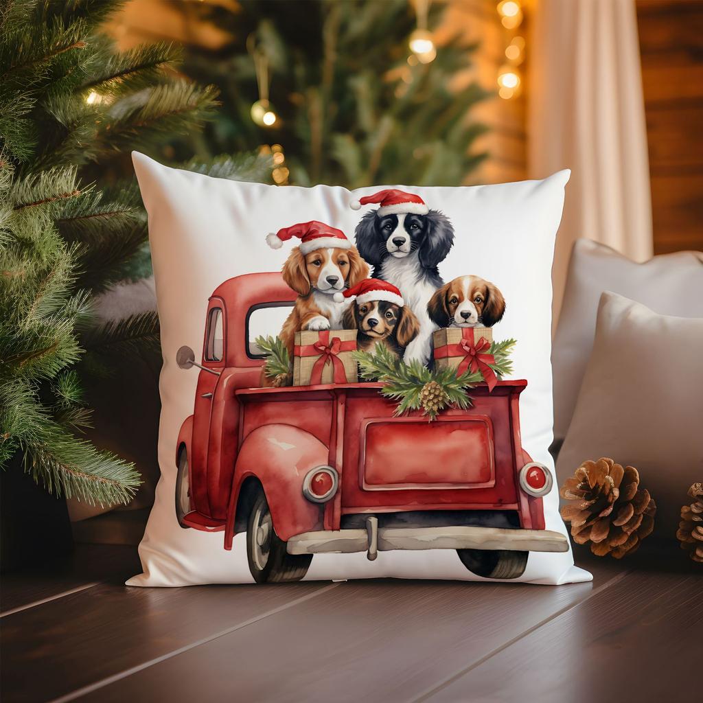 New Christmas Pillowcase Vintage Red Truck Cute Dog Christmas Tree Print Cushion Cover