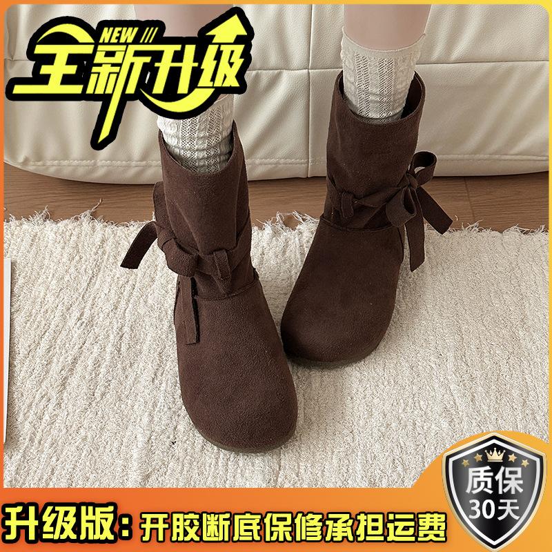 Fashion retro style bow short boots women's autumn and winter design sense lace-up single boots with skirt solid color Martin boots