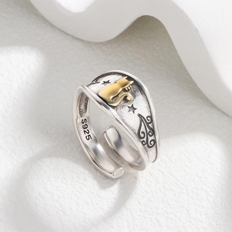 

Buyee 925 Sterling Silver Cat Open Ring, Adjustable Animal Jewelry for Women Men, Fine Silver Ring Gift with Box resizable