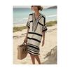 Polyester Digital Print Striped Vneck Dress With Short Sleeves For Casual Summer Wear