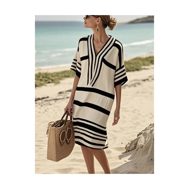Polyester Digital Print Striped Vneck Dress With Short Sleeves For Casual Summer Wear