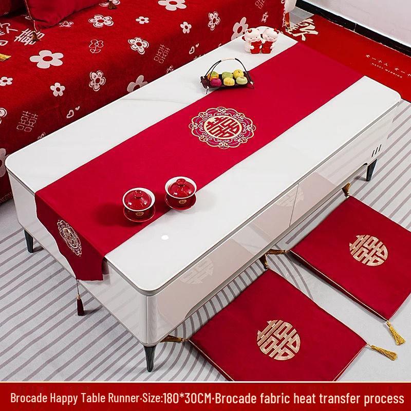 Red Double Happiness Wedding Table Runner - Chinese Dining Table & TV Cabinet Festive Decoration