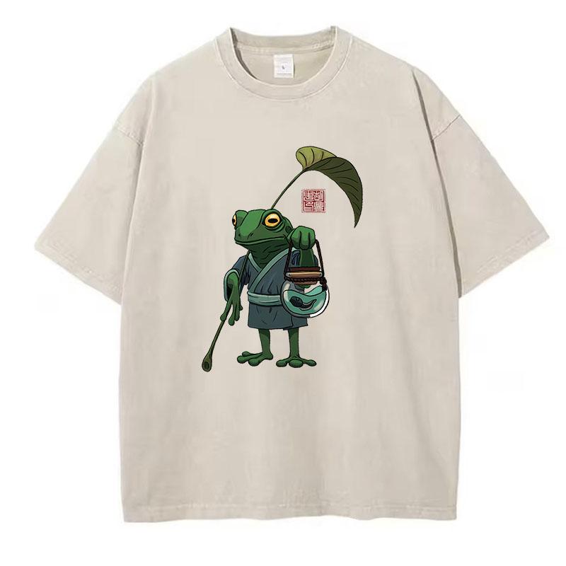 T-shirt Vintage Płukana Bawełna Styl Japoński Żaba Grafika Anime T-shirt Casual Streetwear Wiosna Lato
