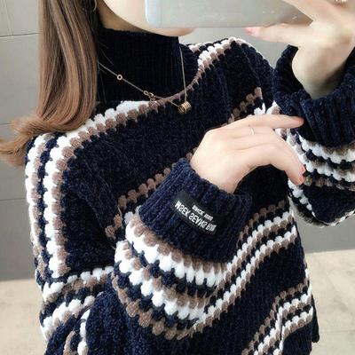 Knitted Sweater Ladies High Neck Long Sleeve Casual Loose Sweater Fall/winter Thick Warm Bottoming Sweater