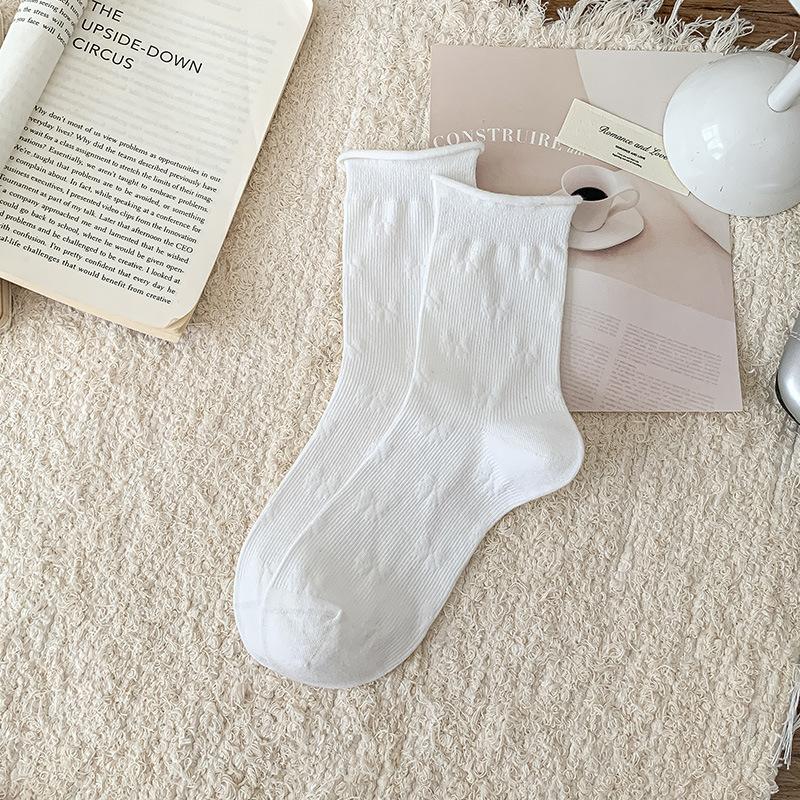 

Female Spring and Autumn Sweet Stereo Dark Grain Bowtie Curled Edge Boneless Tube Pile Socks 1 pair белый
