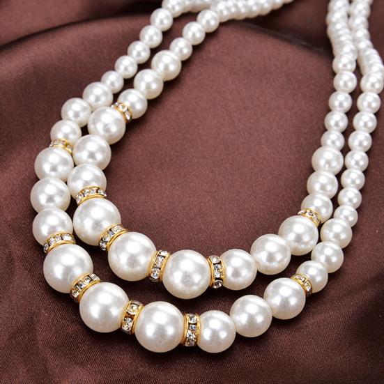 White Faux Pearl Necklace Ladies 2 Strands Beads Choker Elegant Layered Necklace Jewelry for Dating Weddings Parties