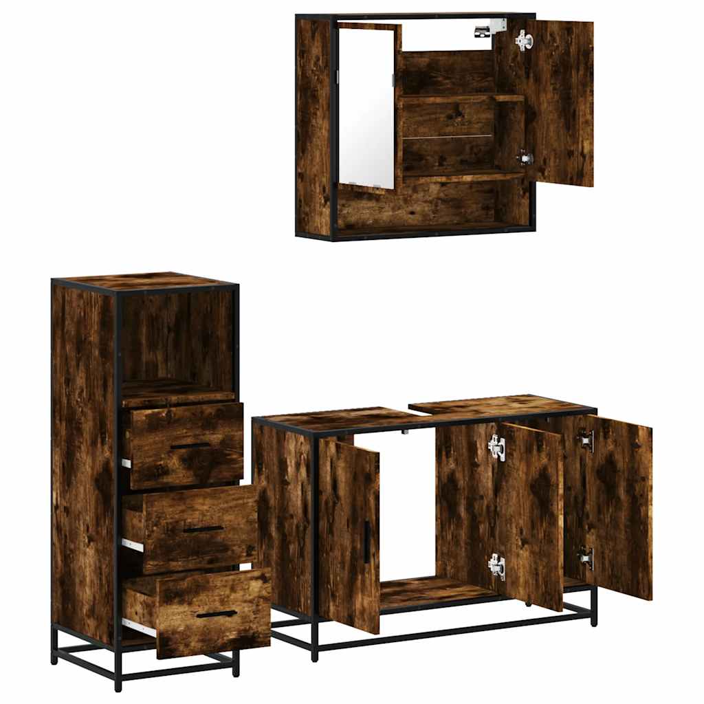 3 Piece Bathroom Furniture Set Smoked Oak Wood Based Panel