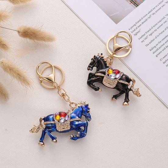 Keychain Pendant Chinese Style Rhinestones-Encrusted Oil Painting 3D Zodiac Horse Design Key Chain Metal