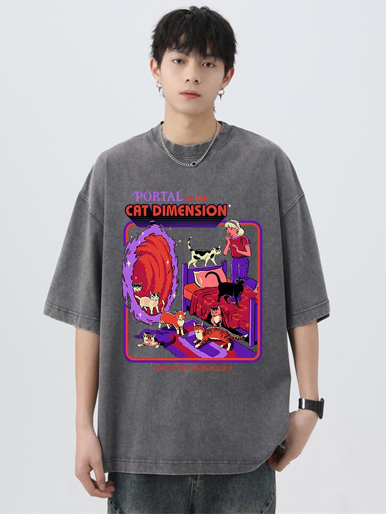 Portal To The Cat Dimension Print Washed Retro Men Tshirt Summer Loose Cotton T Shirt Breathable Clothes Oversize Casual Tees
