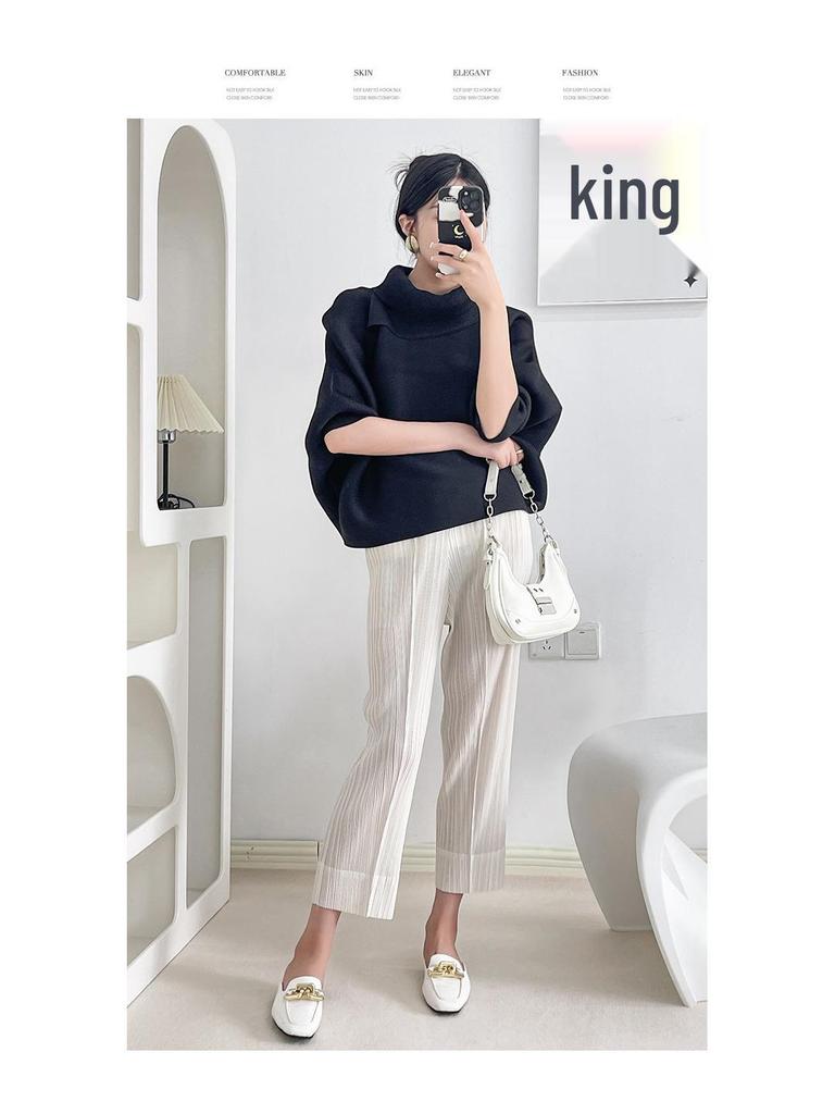 Miyake Damen Plissee Fledermausärmel Oberteil - Lockere Passform, Lange Ärmel, Einfarbig, Ideal für Frühling und Herbst