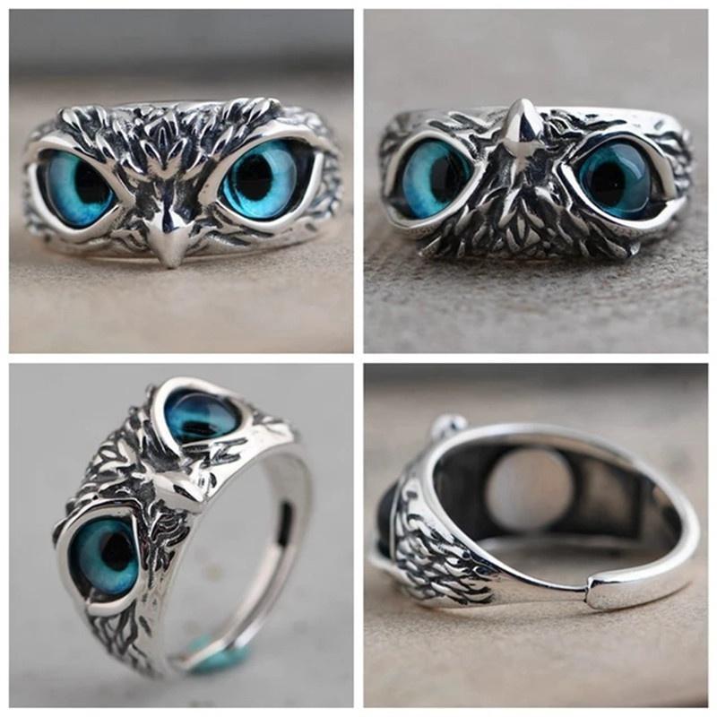 Creative Blue Eye Owl Ring Retro Unique Cute Personality Animal Ring Opening Adjustable Punk Rock Vintage Fashion Hip Hop   Ring